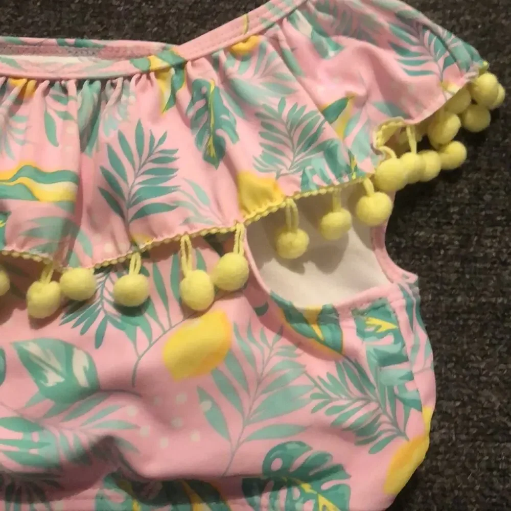Nicole Miller Girls Swimsuit 2 pc Pom Poms Girl's Medium (10) Pink Lemon Print